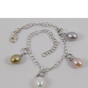 .925 Sterling Silver Charm Bracelet with 4 Removable Multi-Color Pearl Charms
